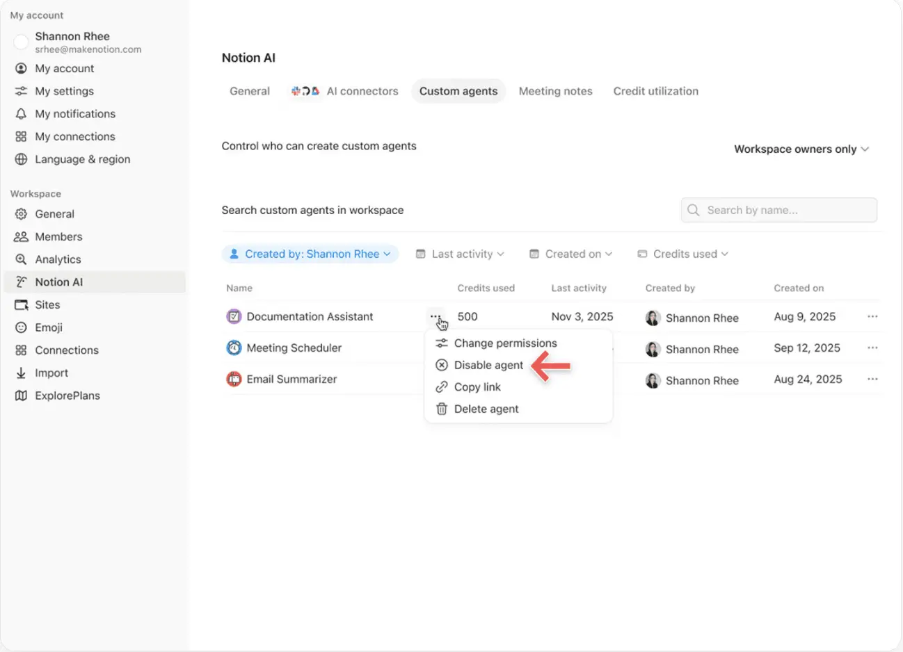HC: switch off a custom agent