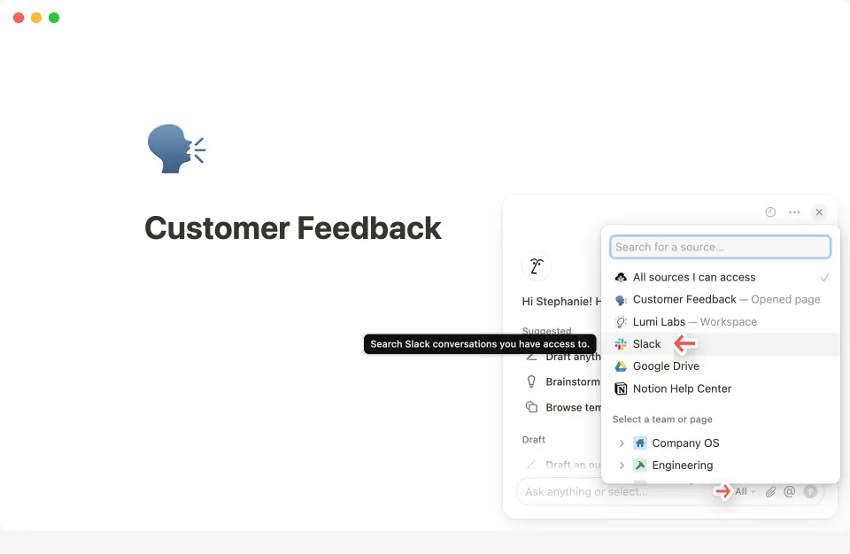 Click on the three-dot menu in the top-right corner of the Notion AI chat to connect to Slack.
