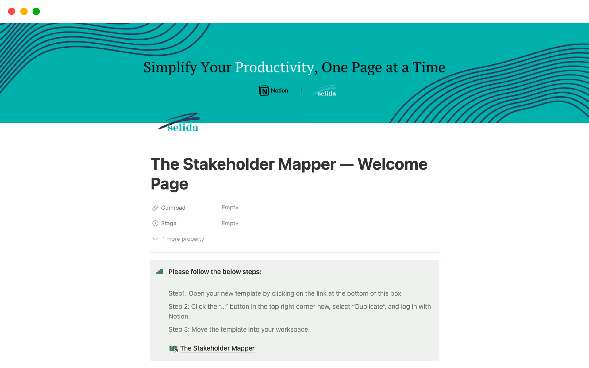 The Stakeholder Mapper template in Notion, which shows fields for Gumroad and Stage before a brief intro