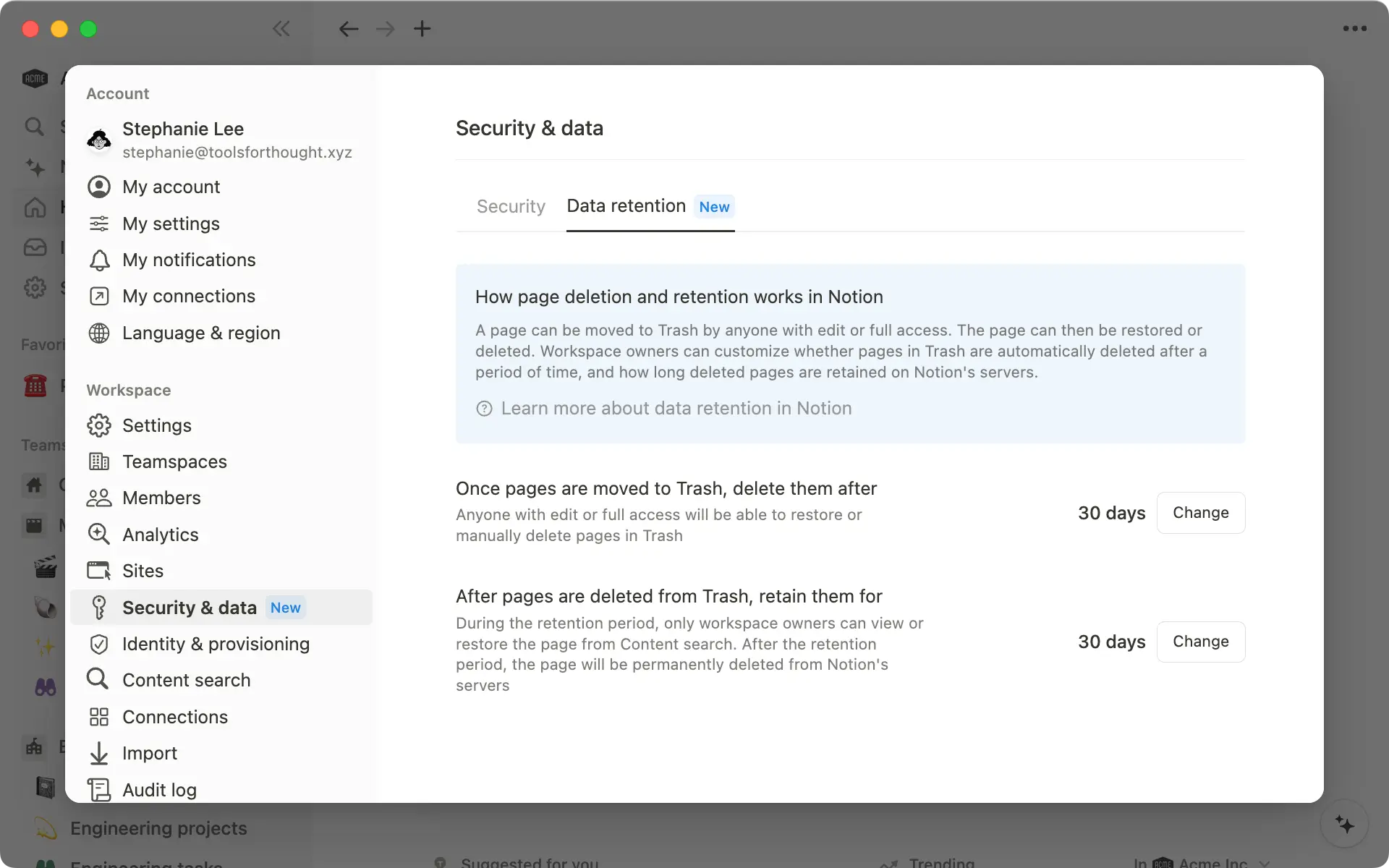 Enterprise workspace owners have control over when users’ pages are deleted from Trash, and how long they can be retained for afterwards