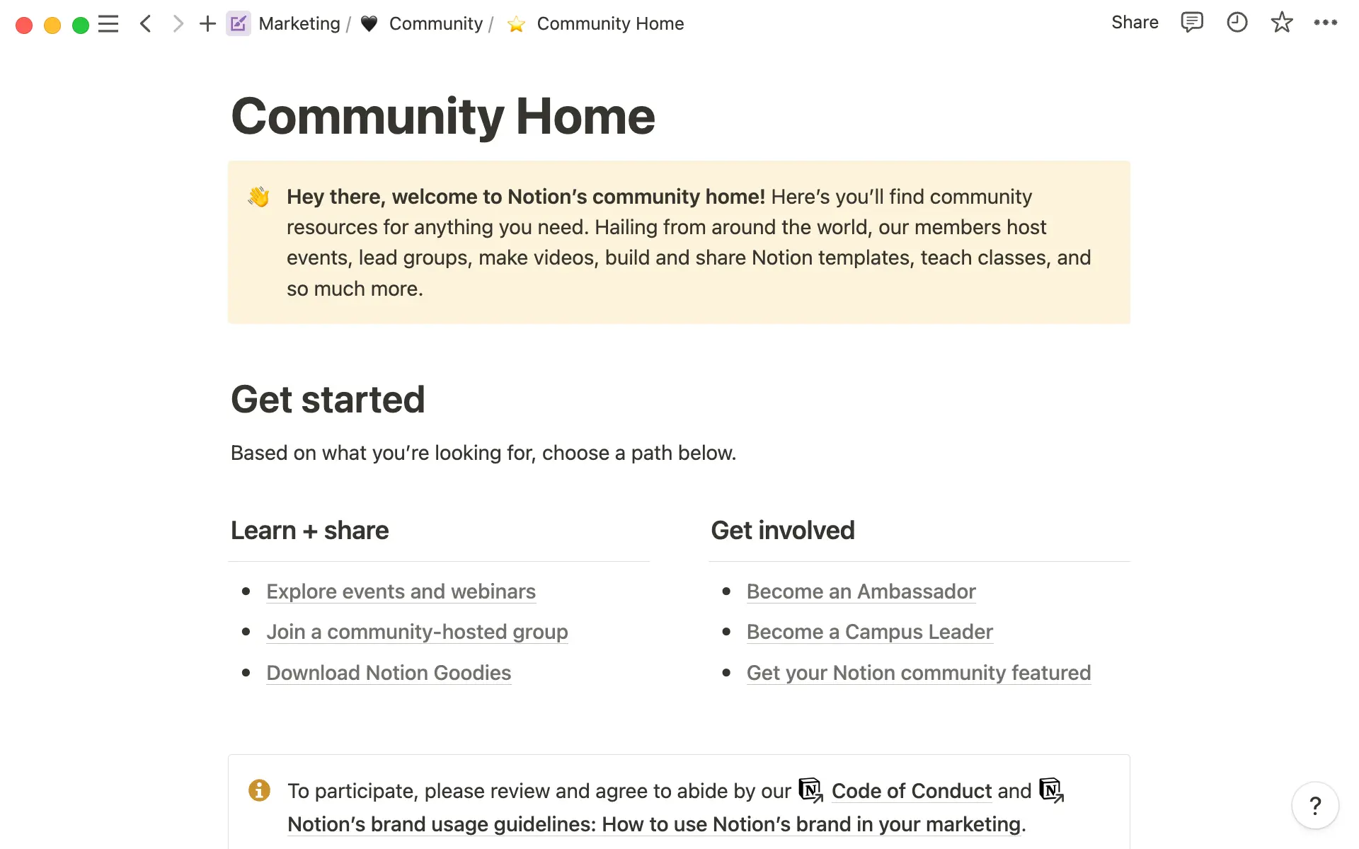 An external page that organizes all important resources for the larger Notion community.