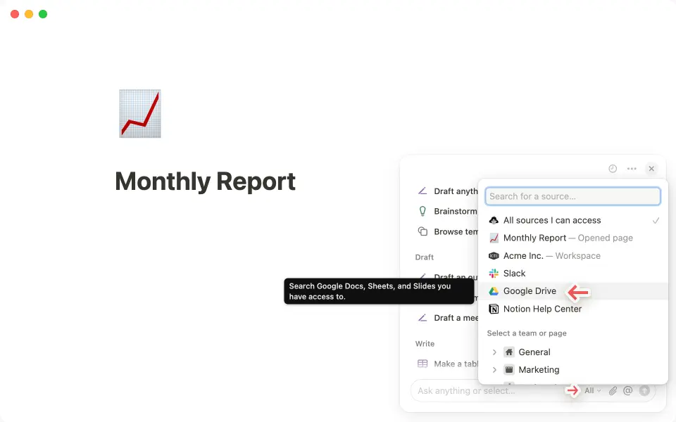Click on the three-dot menu in the top-right corner of the Notion AI chat to connect to Google Drive.