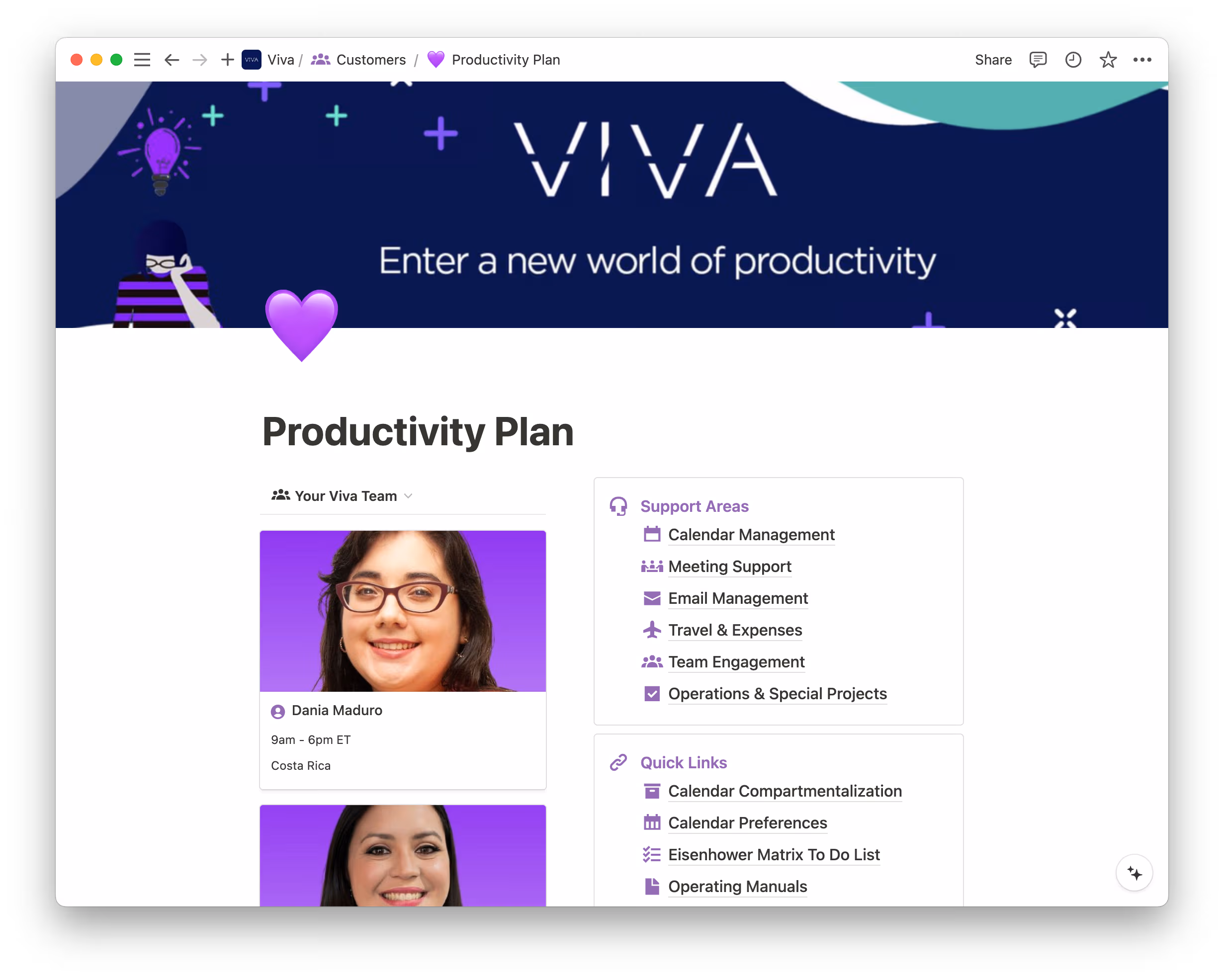 Viva's creates productivity plans for all of their customers in Notion that serve as a centralized hub for all of the work their EAs support.